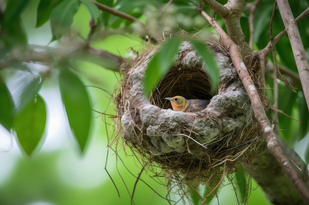 Hummingbird nest with eggs and hummingbird mother close by created with generative ai