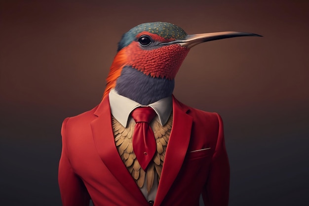 Hummingbird in a Red Suit Against a Simple Plain Background Stock Image of Animal in Business Suit