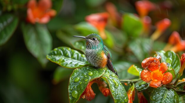 Photo hummingbird resting on a wet branch