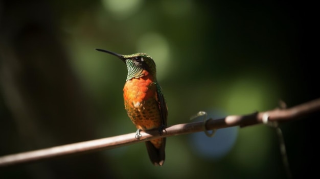 A hummingbird sits on a branch with a green background.