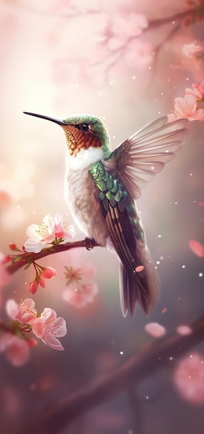 Hummingbird sitting on a branch of a cherry tree with pink flowers generative ai