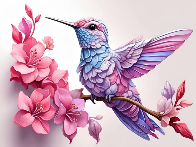 a hummingbird sitting on a branch with pink flowers