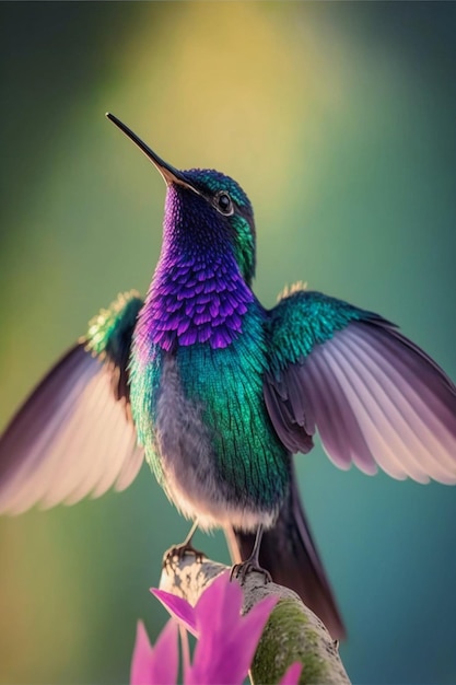 Hummingbird sitting on top of a purple flower generative ai