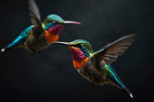 a hummingbird with a colorful head and the tail feathers are black