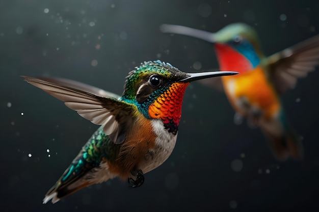 a hummingbird with a colorful head and wings is flying in the air