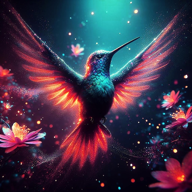 a hummingbird with a colorful wings is flying in the sky