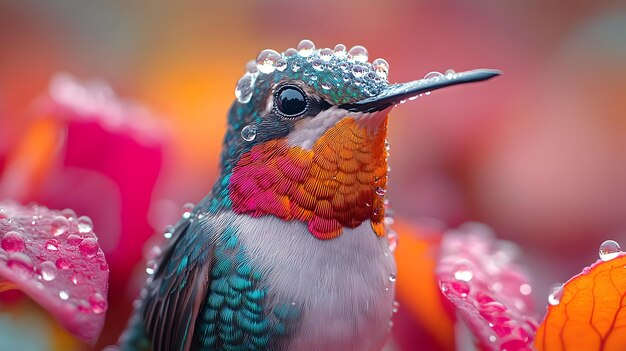 Hummingbird with Dew Drops on Feathers Illustration