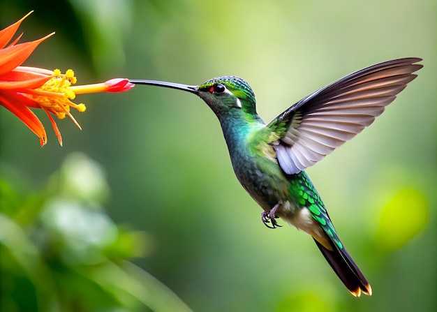 a hummingbird with a flower in the foreground and a flower in the background