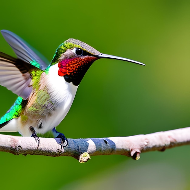 A hummingbird with a green and red head and neck is on a branch.