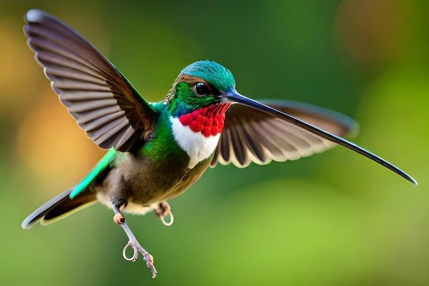 A hummingbird with a long beak is flying in the air.