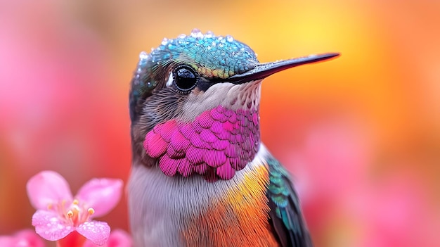 Photo hummingbird with pink feathers and water drops on its head realistic image