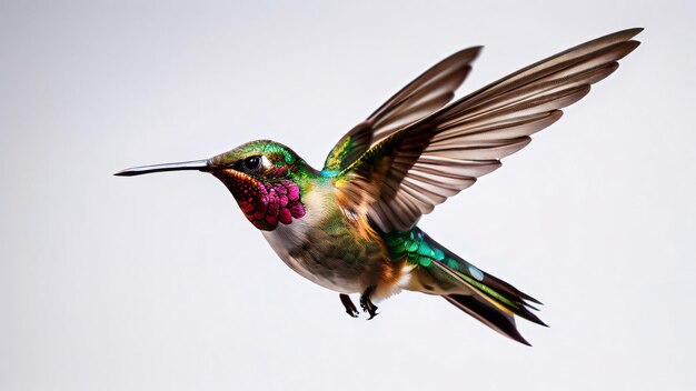 a hummingbird with a purple beak is flying in the air