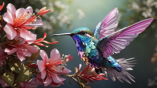 a hummingbird with a purple and blue feathers is sitting on a pink flower