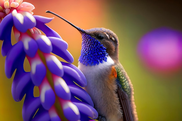 Hummingbird with a purple flower in its beak