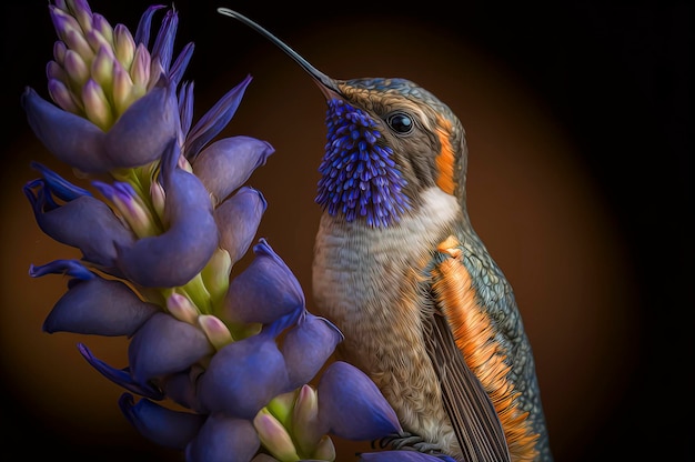 Hummingbird with a purple flower in its beak