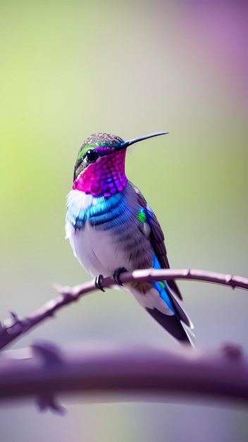 A hummingbird with a purple and green feathers is perched on a branch