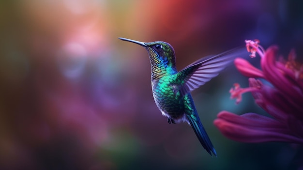 A hummingbird with a purple and green head and blue wings is flying next to a flower.