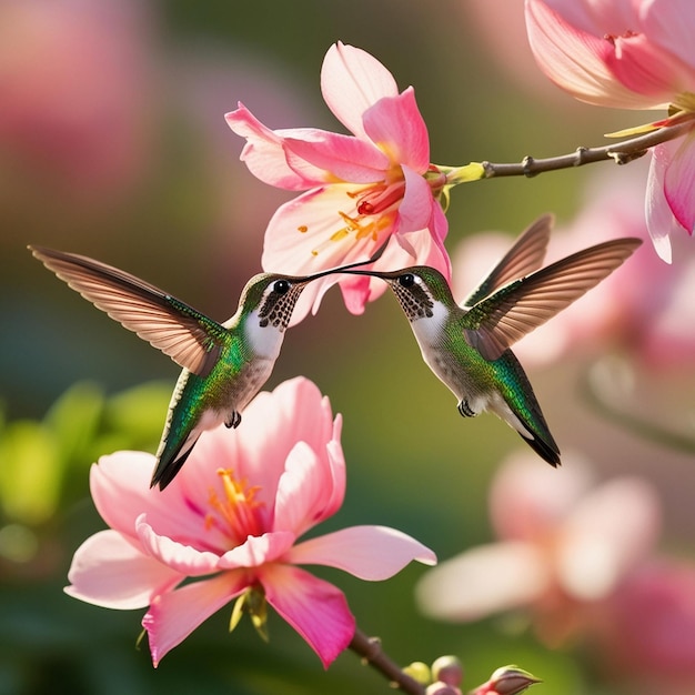 hummingbirds are flying over a pink flower