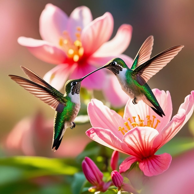 hummingbirds are flying over some pink flowers