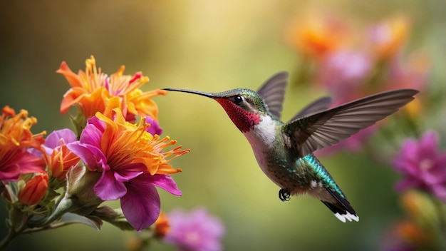 Hummingbirds Feeding on Nectar from Colorful Flowers