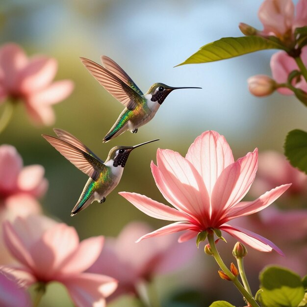 hummingbirds flying over pink flowers with the words hummingbirds on them