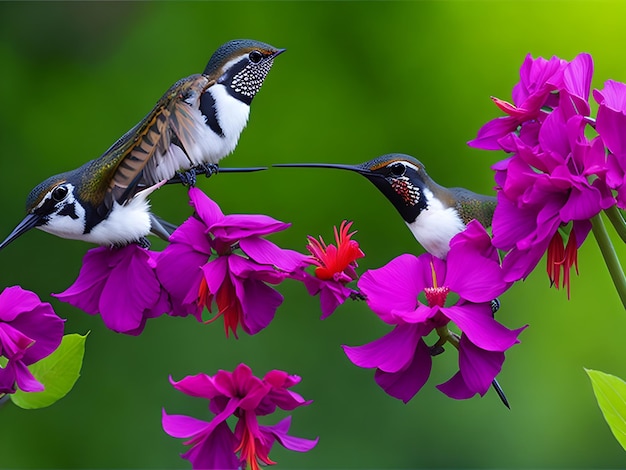 Hummingbirds in pairs and a pink flower Ai generation