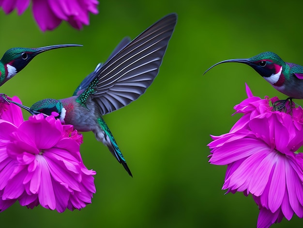 Hummingbirds in pairs and a pink flower Ai generation