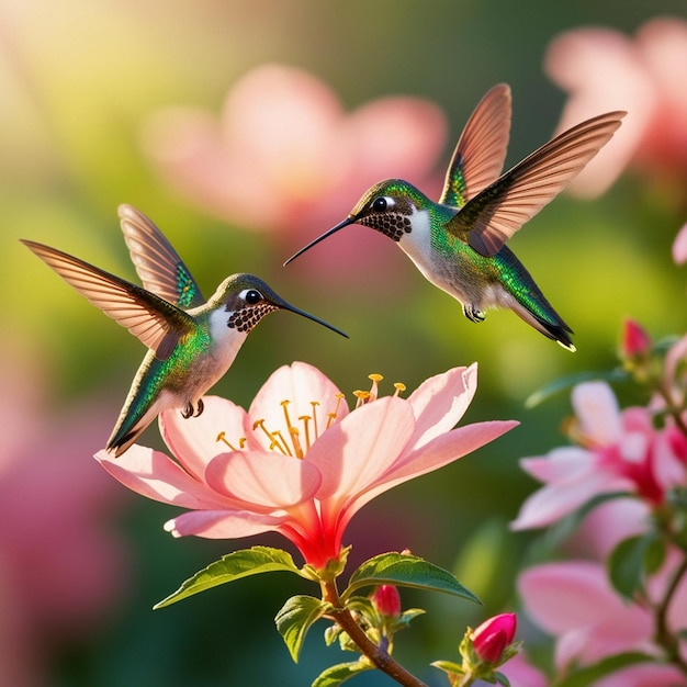 Hummingbirds in a Serene Garden Scene