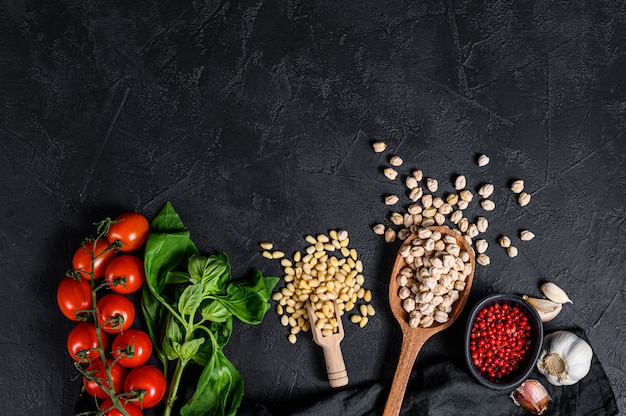 Hummus ingredients, garlic, chickpeas, pine nuts, Basil, pepper.