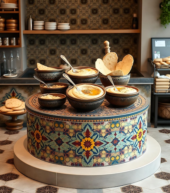 Photo hummus shop with hummus bowls and pita on a middle eastern inspired one tier podium of mosaic tile