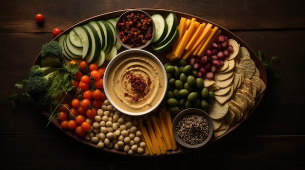 Photo the hummus vegetable sticks chickpeas and olives