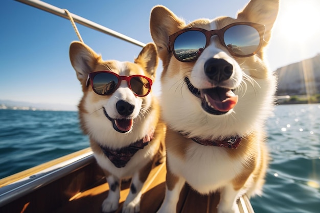 Humorous Corgi Dogs Wearing Sunglasses Having Fun Generative Ai