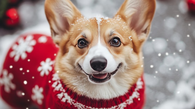 Photo humorous corgi dressed in festive red sweater with nordic snowflakes for christmas cheer