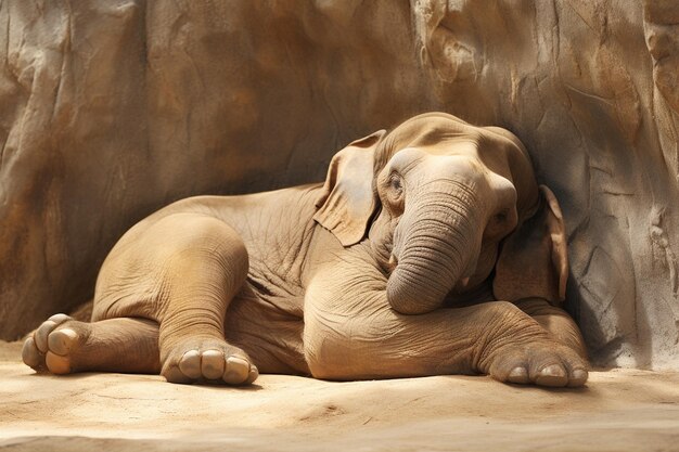 Photo a humorous shot of an elephant sitting or lying down in an unusual pose