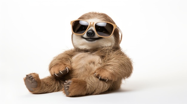 Humorous Sloth Wearing Sunglasses Sitting On White Background