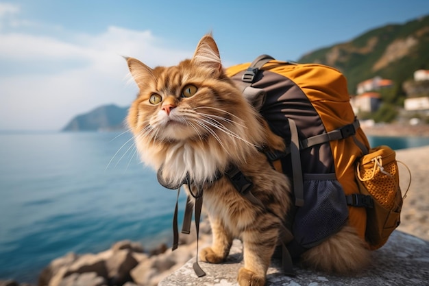 A humorous tourist cat wearing a backpack on its back went Generative Ai