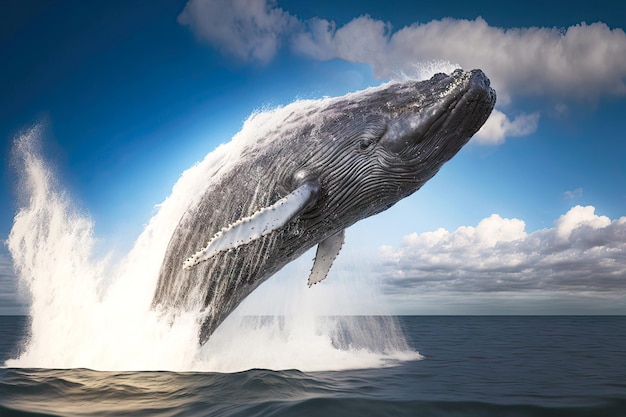 Humpback large whale jumping high out of water to sea