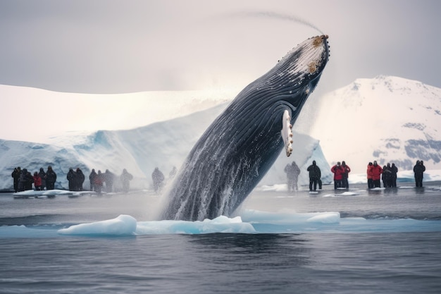 Humpback whale in Antarctic waters Antarctica Travel concept A Humpback Whale takes a dive while tourists film the event Antarctica AI Generated