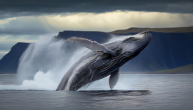 Humpback Whale breaching near the traveler with Generative AI Technology