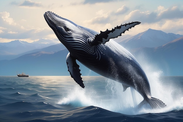 Humpback Whale Breaching the Ocean Surface Illustrating Freedom and Majesty AI Generated