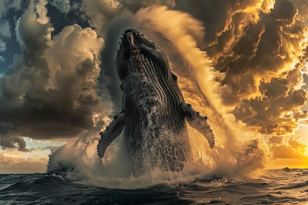 A humpback whale emerges powerfully from the ocean with a golden sunset backdrop