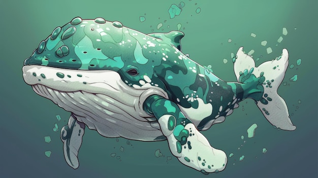 Humpback Whale Illustration with Green and White Pattern