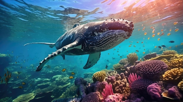 Humpback whale is swimming over a coral reef in the ocean