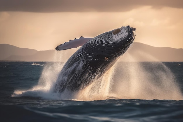 A humpback whale jumping over the sea Ai generative