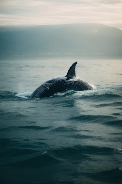 A humpback whale jumps out of the water and splashes the ode creating waves in the sea Nature ocean wildlife travel concepts