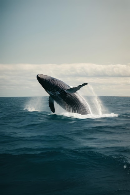 A humpback whale jumps out of the water and splashes the ode creating waves in the sea Nature ocean wildlife travel concepts