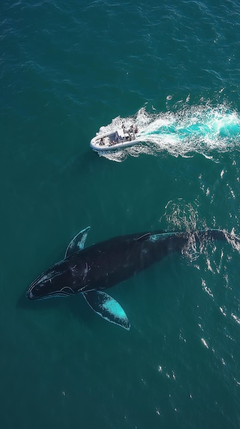 Photo a humpback whale swims beneath a boat in turquoise water