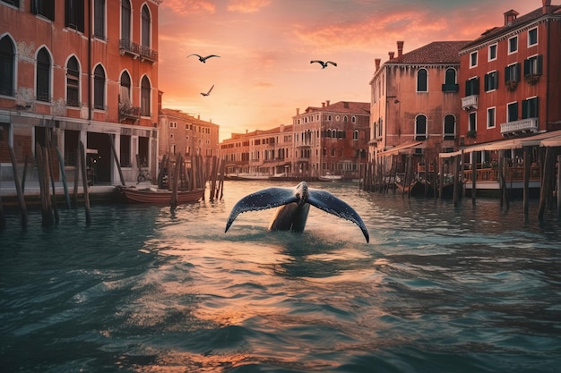 Humpback whale tail through the canals of Venice surrounded by colorful Venetian gondolas vintage buildings and a warm sunset sky illustration generative ai