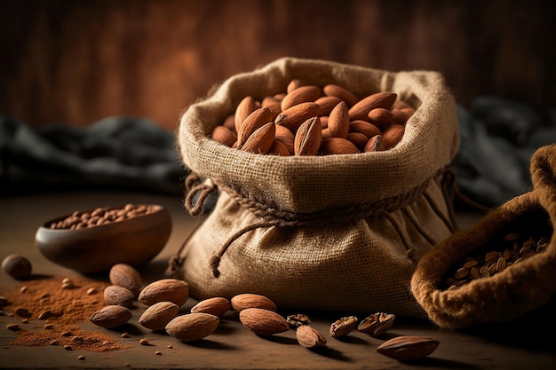 hundreds of almonds on a beautiful burlap rustic table