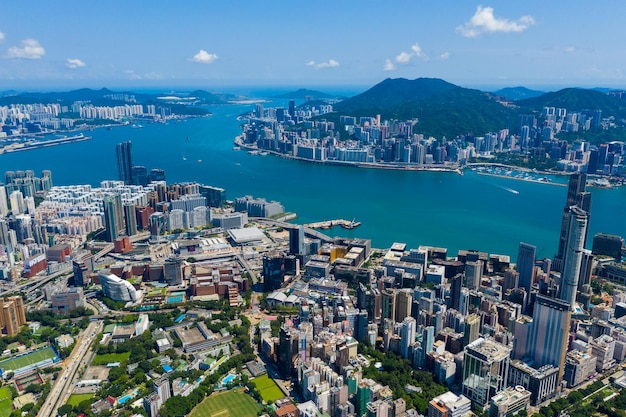 Hung Hom, Hong Kong 10 September 2019: Top view of Hong Kong city skyline